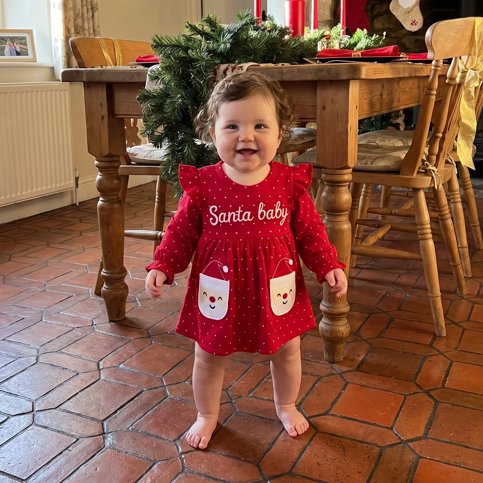 Baby Girl Christmas Romper Long Sleeve Santa Letter Embroidery Bodysuit