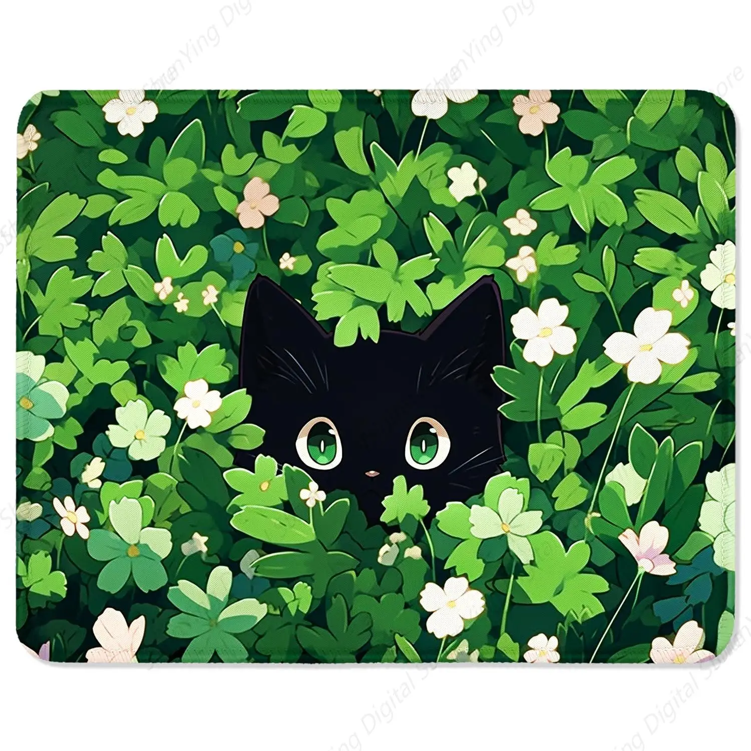 Green Leave Cat Gaming Mouse Pad With Anti Slip Rubber Base And Stitched Edges Suitable For Laptop Office Use 25*30cm