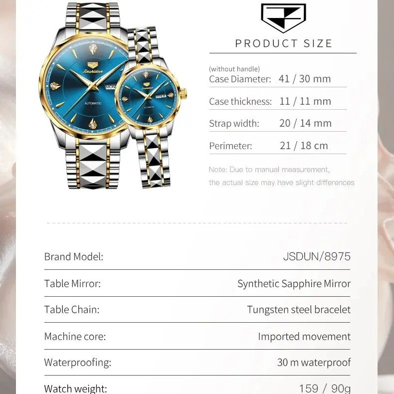 JSDUN-reloj mecánico automático para hombre y mujer, accesorio elegante con espejo de zafiro y acero de tungsteno, calendario semanal