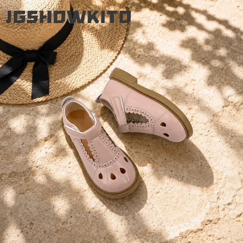 

JGSHOWKITO Girls Hollow Out Mary Jane Shoes T-Strap Ruffled Edge Children Flat Shoes Non-slip Soft Children School Leather Shoes