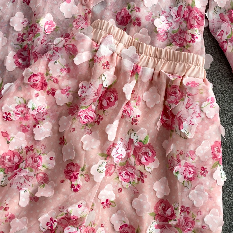 Nuove donne primavera estate dolce gonna floreale rosa abiti Patch disegni camicia in Chiffon a maniche lunghe e pantaloncini a gamba larga Set a