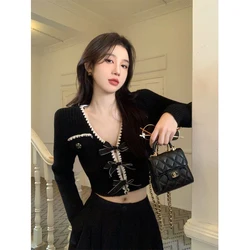 MEXZT Vintage Knitted Cardigan Women Bow V Neck Cropped Sweaters Korean Elegant Slim Knitwear Y2K Black Casual Jumpers Coats New