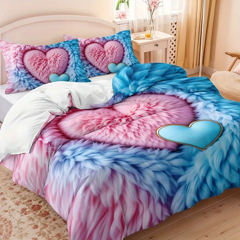 3D Fluffy Gradient Heart Bedding Set Pink Blue Love Duvet Cover With Pillowcases Romantic Girly Bedroom Home Decor Quilt Set