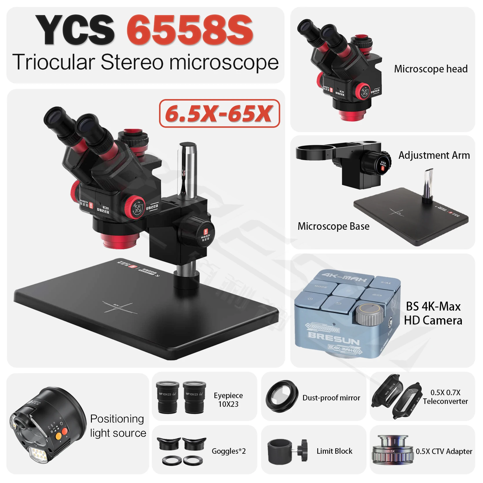 YCS 6558X 6558S Trinocular Microscope with Large Base 6.5-58 Zoom