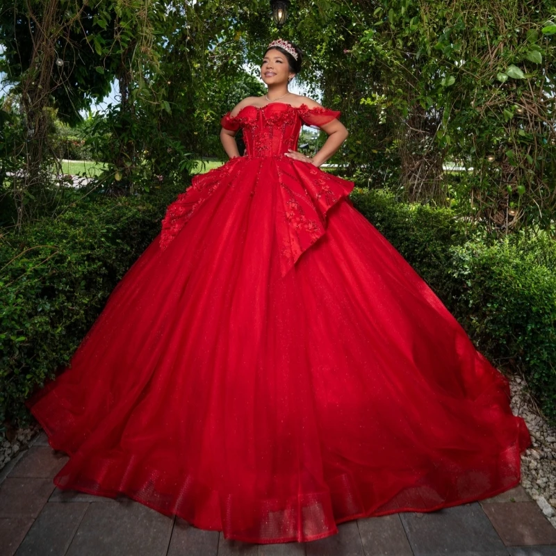 Red Glitter Quinceanera Dresses Off Shoulder Ball Gown Sweet 16 Dress Applique Flower Beading Bow Tull Party Birthday Vestidos