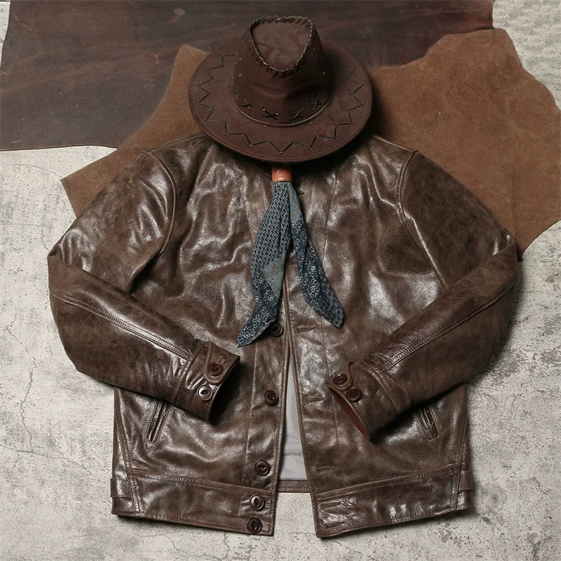 Vintage Brown Spring Leather Jacket Men Retro Casual Style Plus Size 5XL Natural Cowhide Single Breasted Genuine Leather Coat