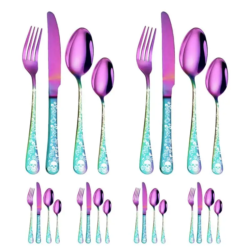 

Stainless Steel Flatware Set Stainless Steel Skull Pattern Eating Utensils 24pcs Portable Kitchen Forks And Spoons Silverware