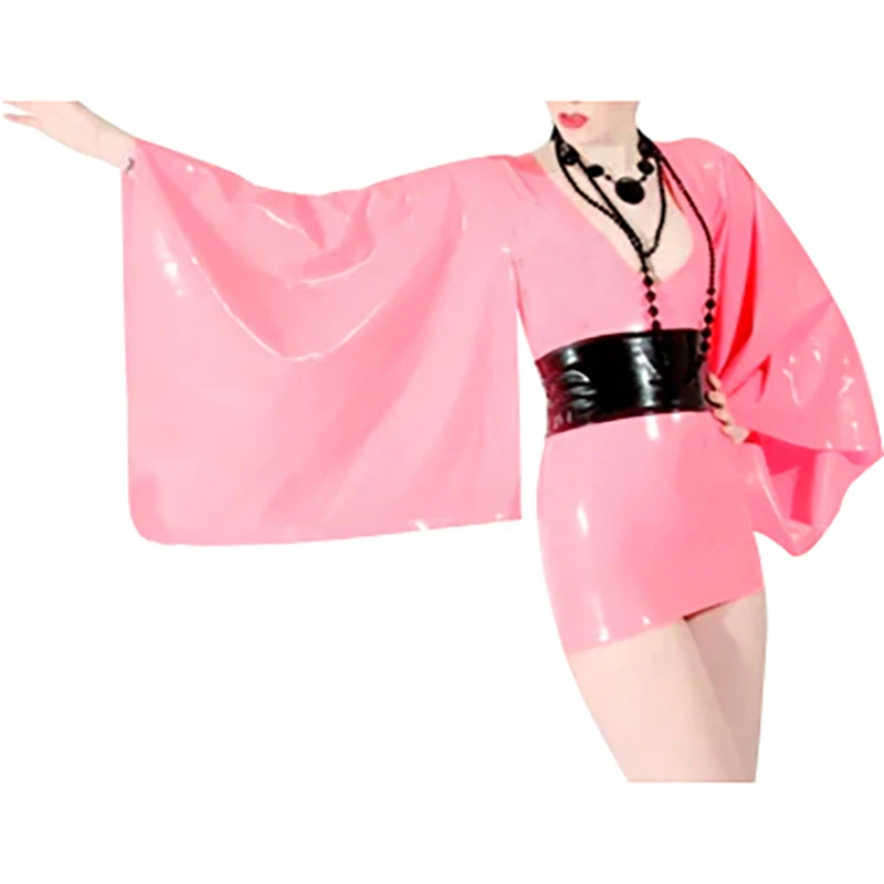 

Pink And Black Sexy Latex Dress With Long Kimono Sleeves Zipper Belt Rubber Bodycon Playsuit LYQ-0372