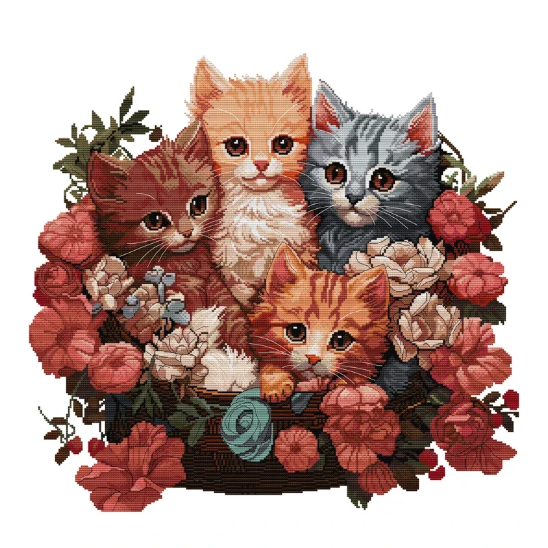 

Joy Sunday Cross Stitch Kit Cluster of Kittens 14CT Printed Cross Stitch Embroidery Kits Set Animal Crosstitch Kit Needlework