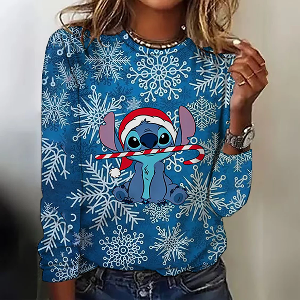 Kawaii Stitch Christmas Style Women's Long Sleeve T-shirt Disney Youth Fashion Cute Girl Clothes Basic Women's Top T-shirt Chris