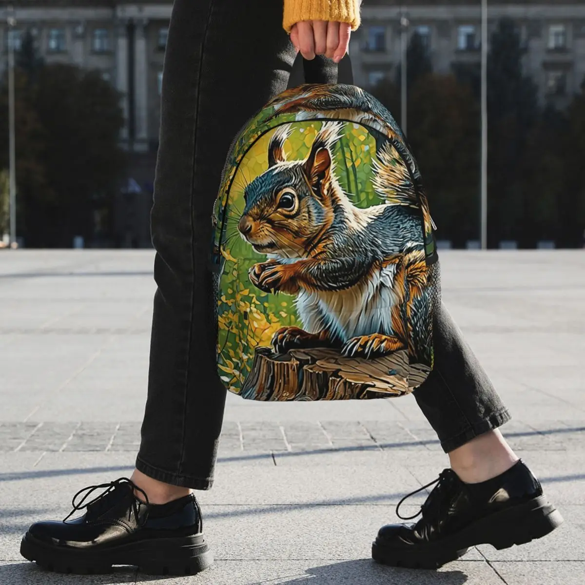 Adorable Squirrel Stands On A Tree Stump Backpack Student BookBag Children School Bag Laptop Shoulder Bags for Men Women
