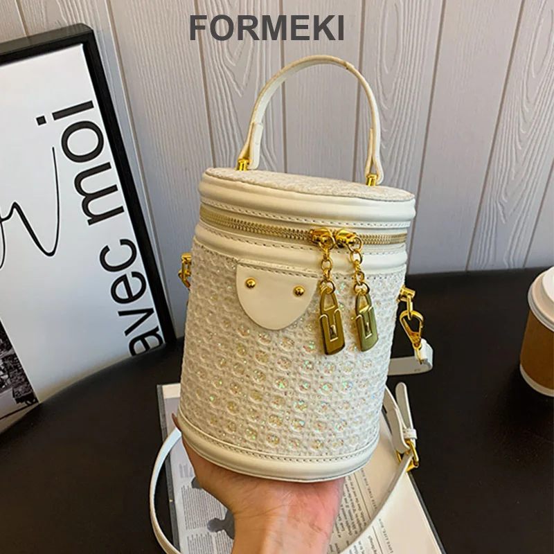 Formeki Bags 2024 New Fashion Rhinestone Stylish Shoulder Bag Ins Ladies Crossbody Retro Cylinder Bag