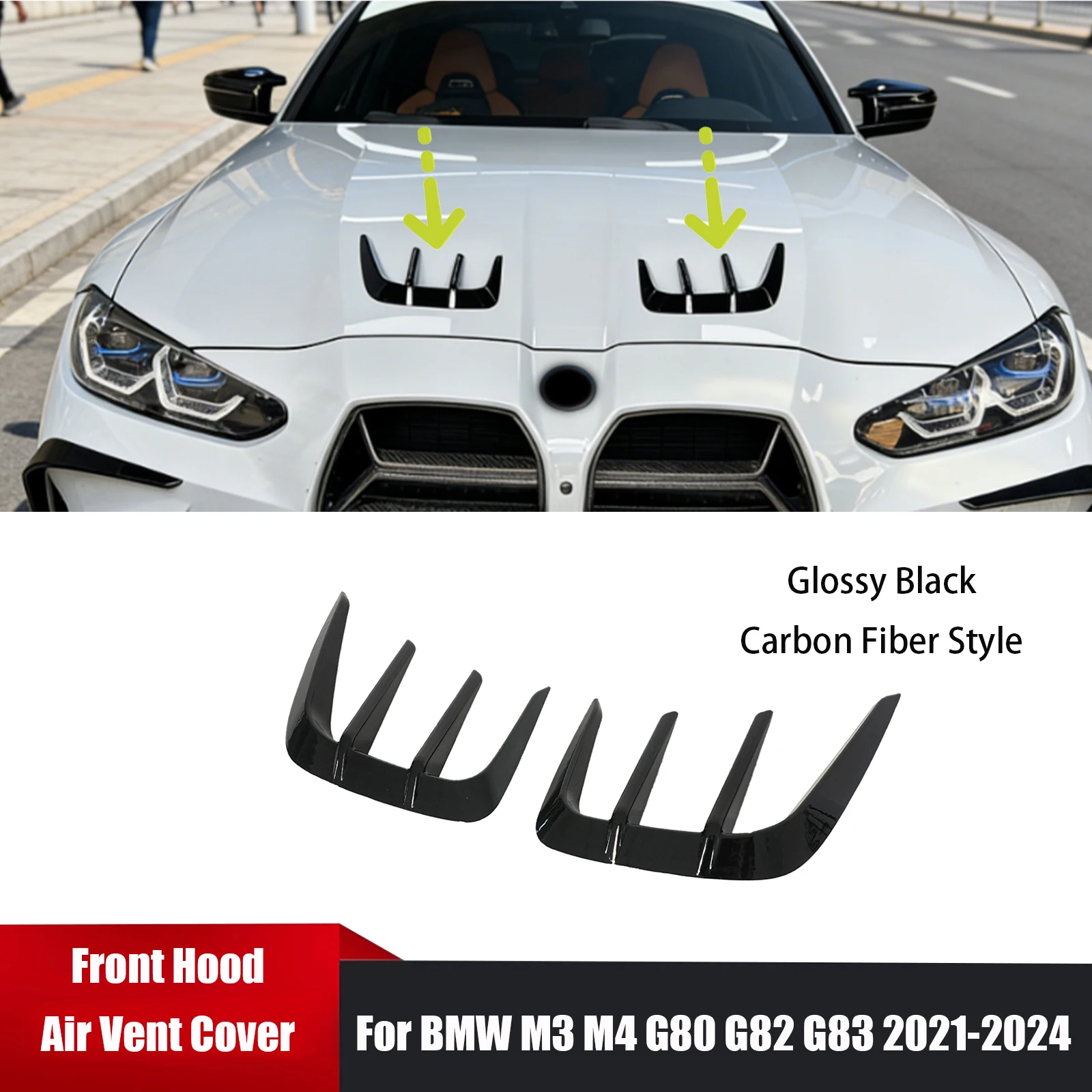 

Car Front Hood Air Vent Trim For BMW M3 M4 G80 G82 G83 2021-2024 Carbon Fiber Style Glossy Black Exterior Accessories Spoiler