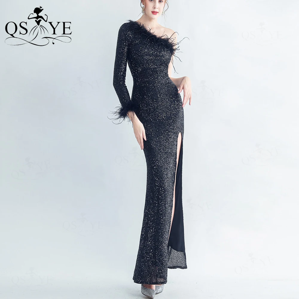 One Shoulder Long Sleeves Black Evening Dresses Ostrich Hair Furs Sequin Mermaid Prom Gown Sexy High Split Girl Party Dress 2023