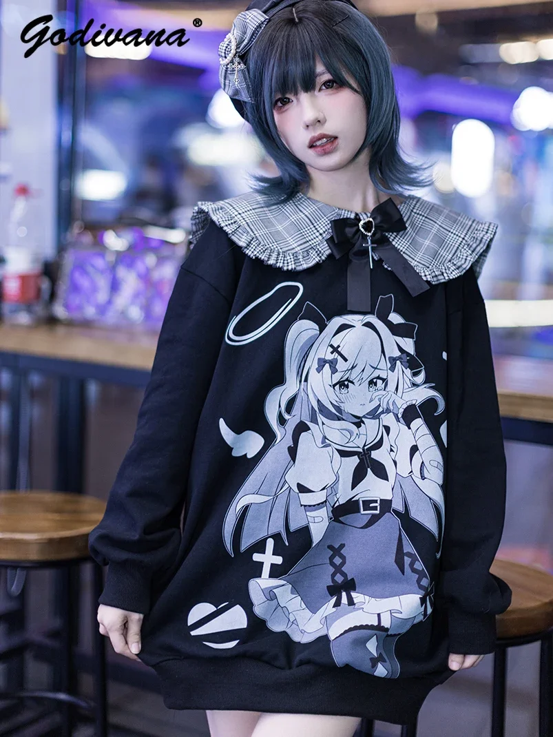 

Japanese Mine Girls Sweatshirt Sub-Culture Women's Y2K Cartoon Print Black and White Plaid Doll Collar Cotton Hoodie Tops