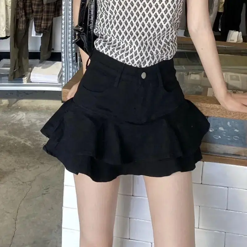 Y2K Girls Denim Skirt Women's Stretch High-Waisted A-Line Cake Skirt Vintage Female Jeans Ruffle Skirt Summer Mini Shorts Skirts
