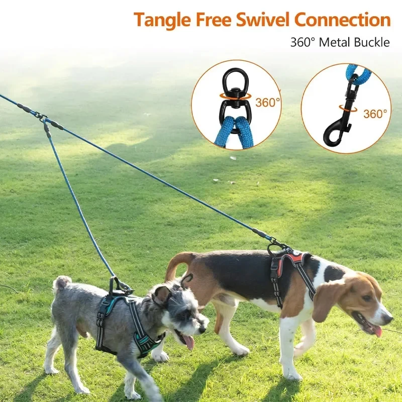Nylon Double Ended Dog Leash with Cushioned Handle 360° Swivel No Tangle Pet Lead for 2 Dogs