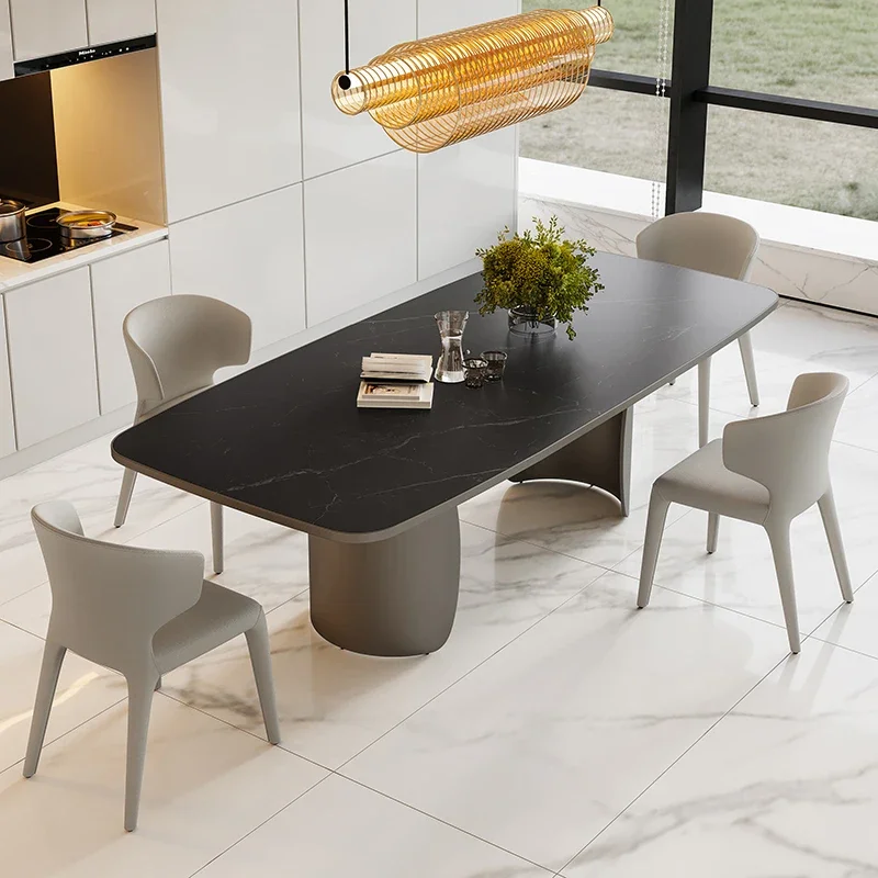 

Italian minimalist black rock slab gray steel dining table and chair combination simple modern high-end designer