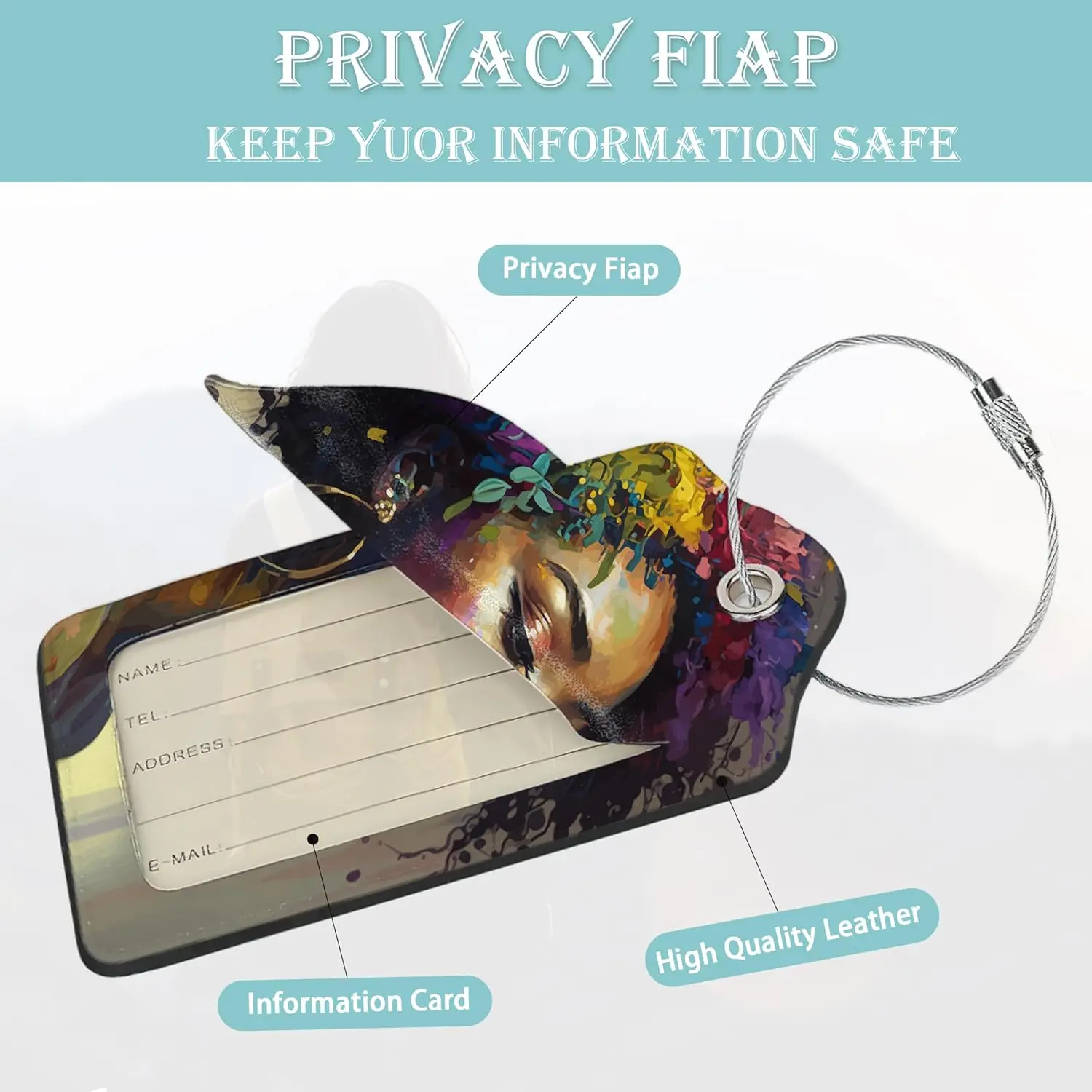 Etiquetas de equipaje para maleta Paquete de 2 etiquetas de equipaje de flores de niña africana Etiqueta de identificación de cubierta de privacidad de cuero PU con bucle de acero inoxidable