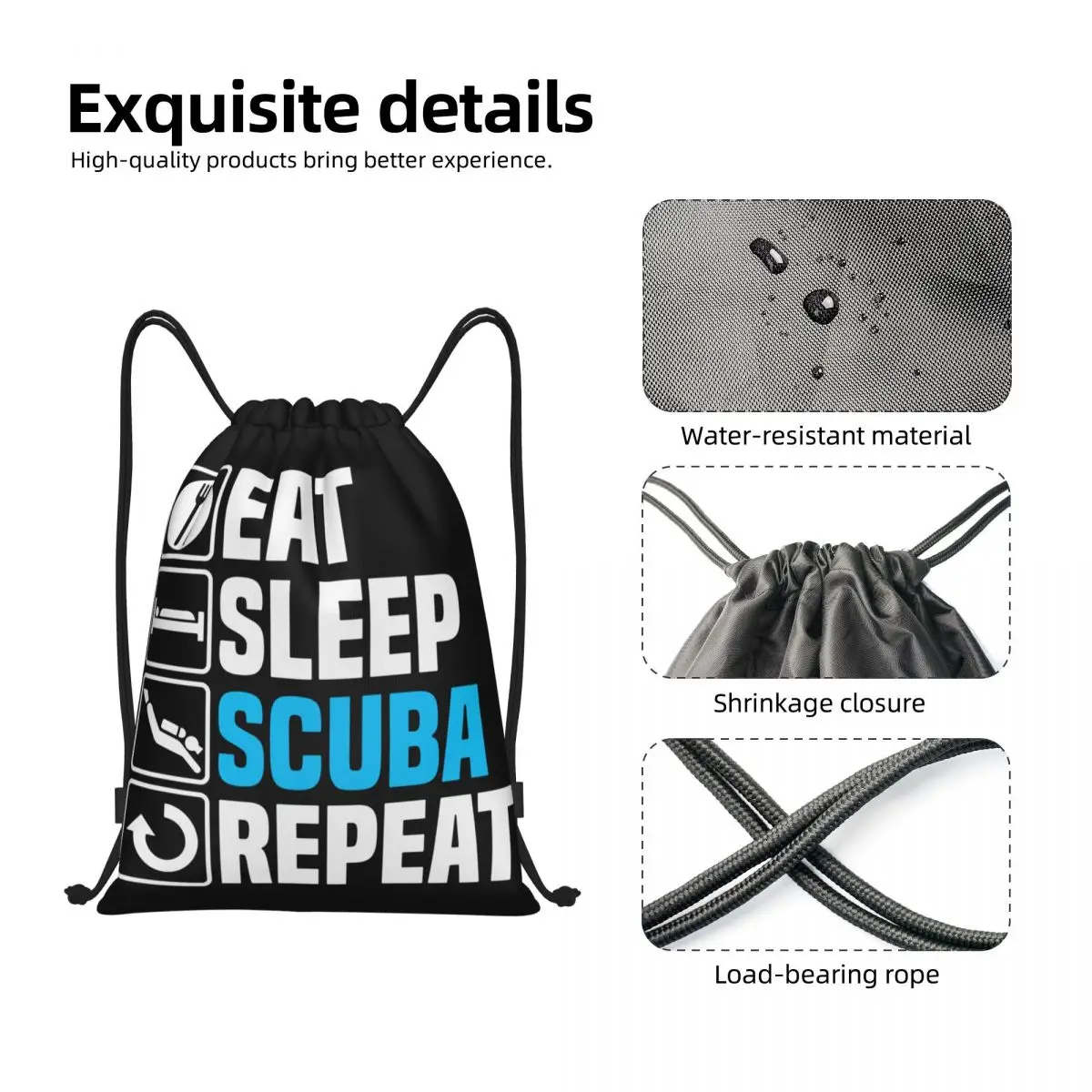 Custom Funny Eat Sleep Scuba Diving Drawstring Backpack Bags Women Men Lightweight Diver Gym Sports Sackpack Sacks for Training