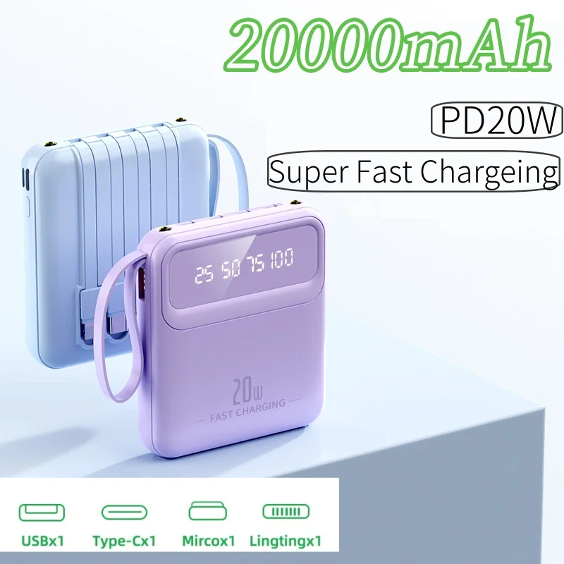 

Mini 20000mAh Portable Power Bank Fast Chargering PD20W with 4in1 Cable LED Digital Display Powerbank For iphone Huawei Xiaomi