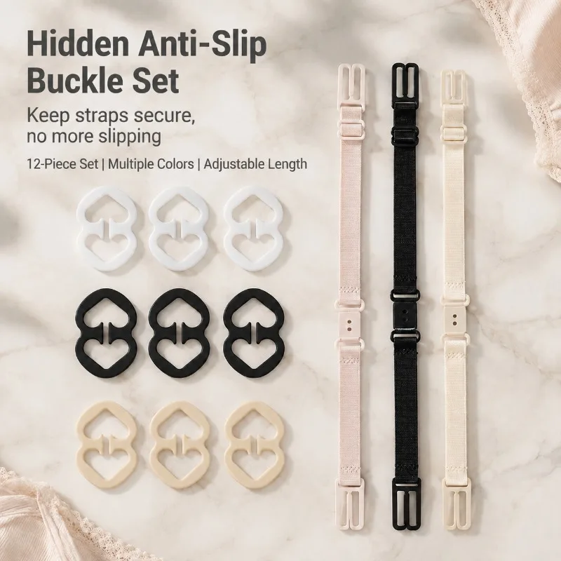 12Pcs Bra Accessories Set Including 9 Anti-slip Bra Clips and 3 Insert Style Non-slip Bra Straps Invisible Underwear Fasteners