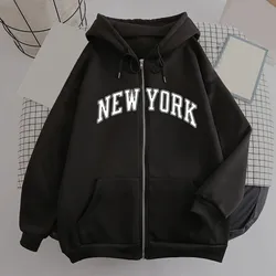 Sudadera con capucha con estampado de letras de Nueva YORK para mujer, chaqueta Harajuku con cremallera, sudadera informal de gran tamaño, ropa de calle femenina, abrigos con capucha con bolsillos