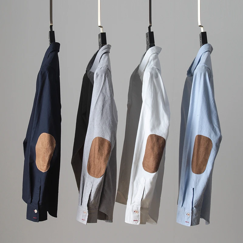 

Мужская рубашка из чистого хлопка оксфордского плетения с длинным рукавом, с вельветовыми вставками на локтях, приталенная, повседневная, простая, модная, осенняя