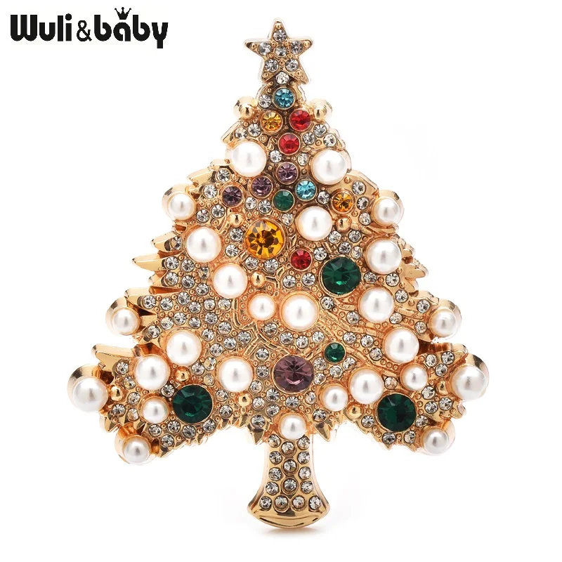 Wuli&baby Luxury Pearl Christmas Tree Brooches For Women Designer Multicolor New Year Trees Plants Party Brooch Pins Gifts