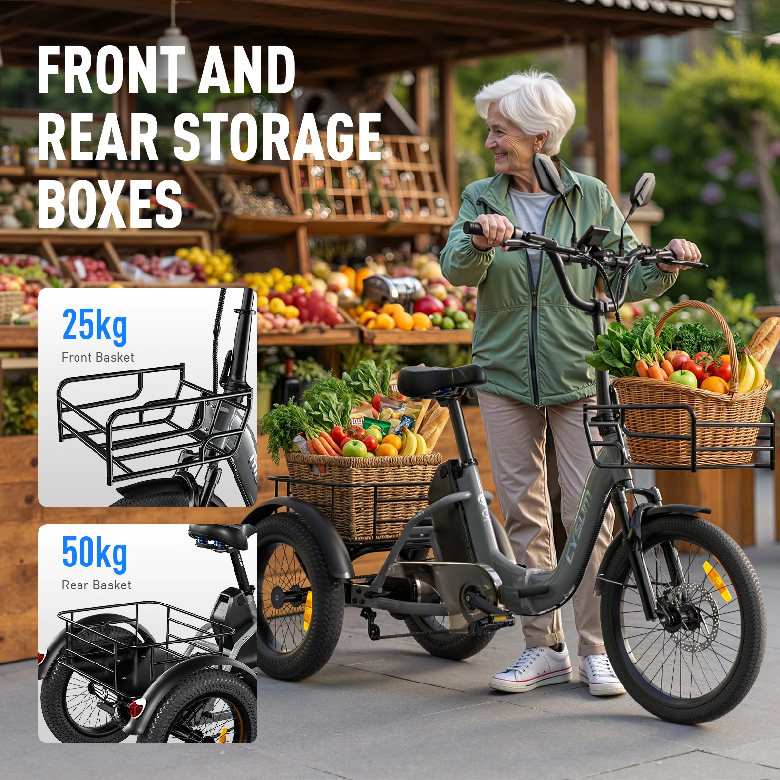 Cysum AG1 Pro Elektro-Dreirad, 48V 750W Motor, 20"+16" Kenda-Reifen, Hydraulische Scheibenbremse, 100-150KM Reichweite 3-Rad E-Bike