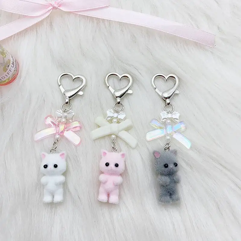 3D 만화 플로킹 고양이 키 체인, 귀여운 퍼지 키티 고양이 하트 활 키 체인, 카와이 주얼리 선물, 여성용 자동차 키 DIY 주얼리