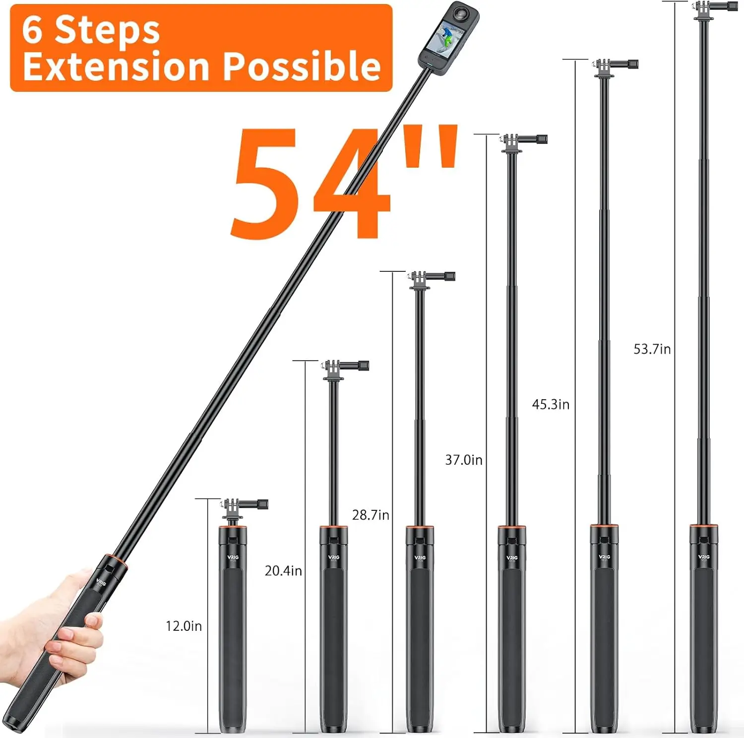 Vrig 140cm Extendable Tripod Adjustable Selfie Stick Long Hand Grip for Insta360 X5/X4Air/X4/X3/Go Ultra/Go 3s/Ace Pro/Gopro/DJI