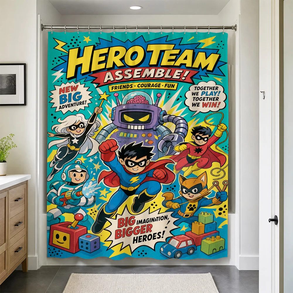 Kids Superhero Shower Curtain Waterproof Bathroom Liner for Boys Comic Book Cartoon Pop Art Theme Decor Shower Wall