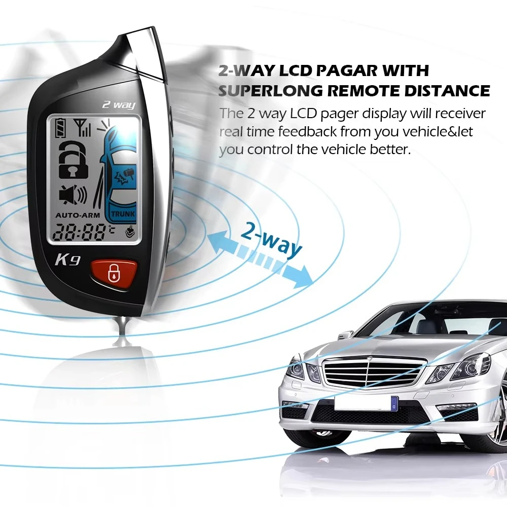 real-time 2-Way LCD pager Car Burglar Alarm 1500meters-Vibration alarm with remote start & cut-engine off & trunk open etc.