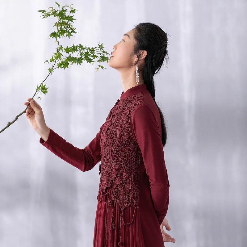 A Life On The Left Women Dress Long Sleeves Stand Collar A-shaped Handmade Crochet Flower Elegant Vintage Red White Long Skirt