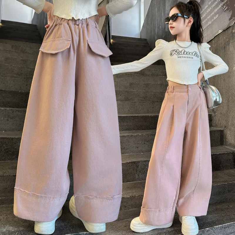 الفتيات عادية بنطال ذو قصة أرجل مستقيمة خريف 2025 نمط جديد عصري مكبل فضفاض واسعة الساق الأطفال موضة بنطلون للأطفال الكبار