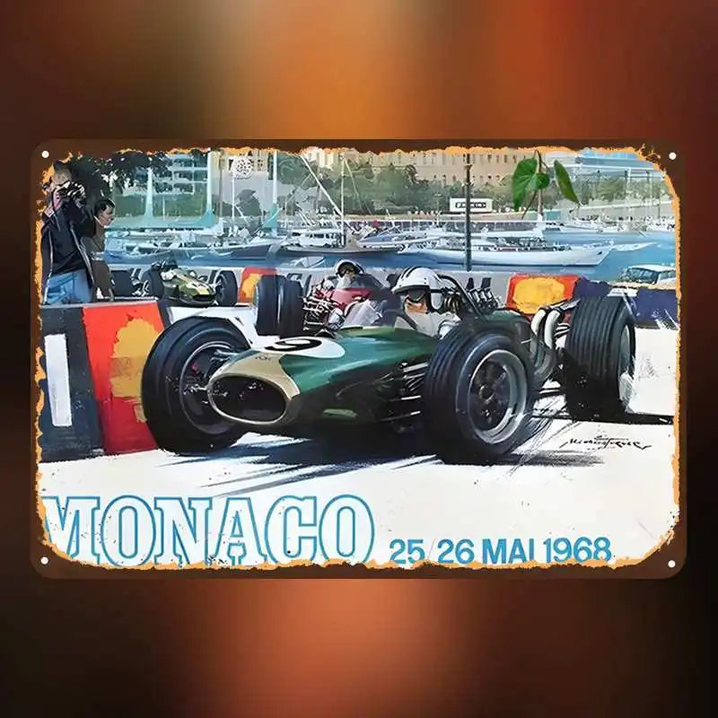 2D Flat, 1pc, Vintage Monaco Grand Prix 1968: A Classic Racing Moment Metal Iron Sign, Pre-Drilled Holes, Kitchen