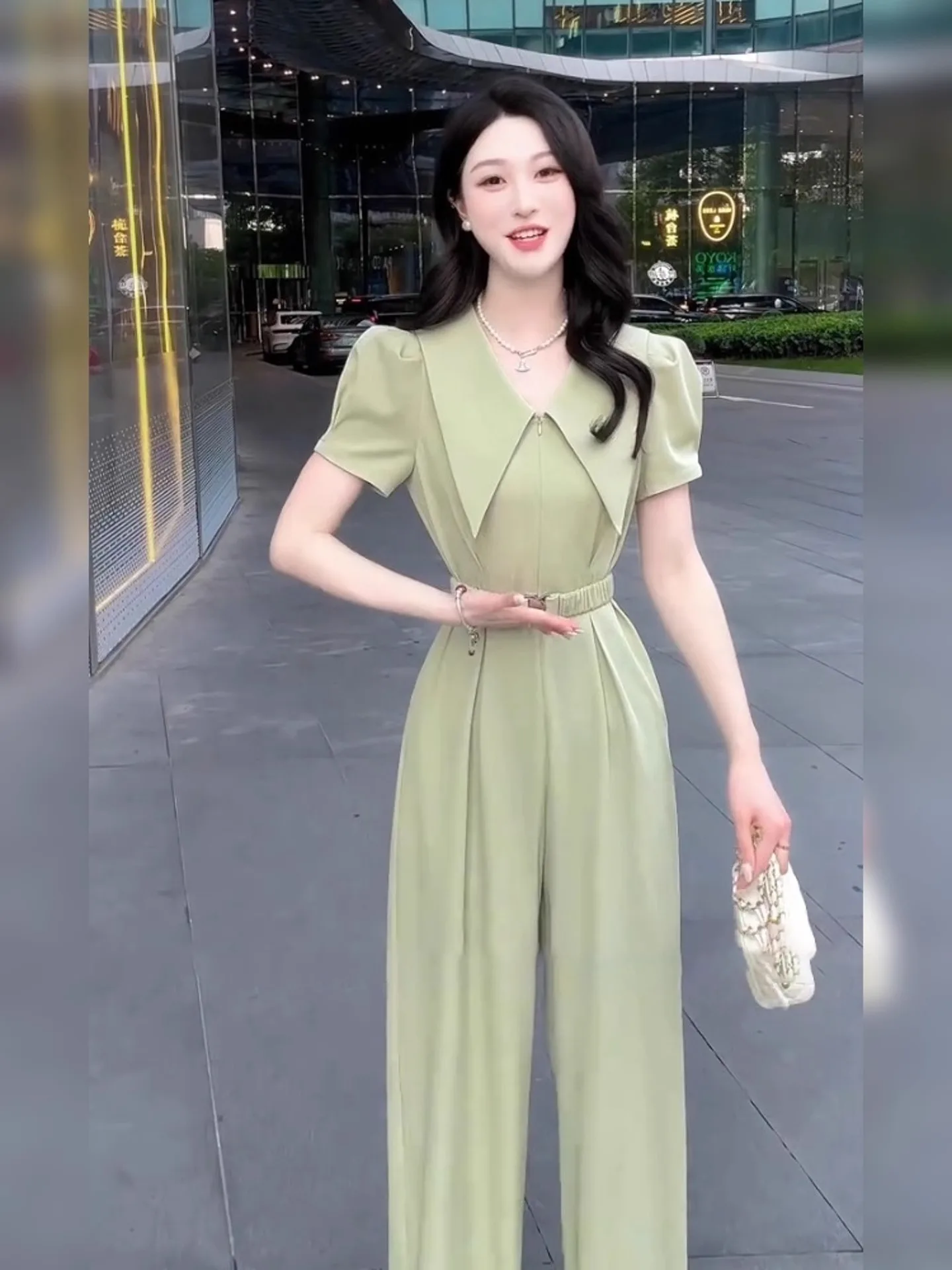 Unikalne koreańskie spodnie garniturowe z wysokim stanem, piękne spodnie z bufiastymi nogawkami i kołnierzykiem, damskie letnie modne długie spodnie.