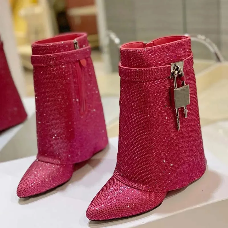 2024 Traf Fold Over Shark Lock Boots Pink Rhinestones Long Boots For Women Wedge Shoes Fashion Pointed Toe Crystal Lady Boot