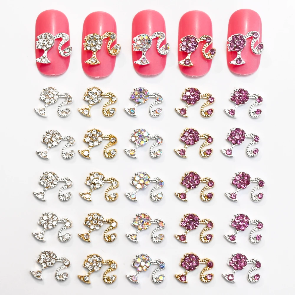 10Pcs 3D Pink/Red Glitter Diamond Ponytail Girl Nail Charms 9x11cm Gold/Silver Alloy Girl Nail Art DIY Kawaii Girl Nail Jewelry