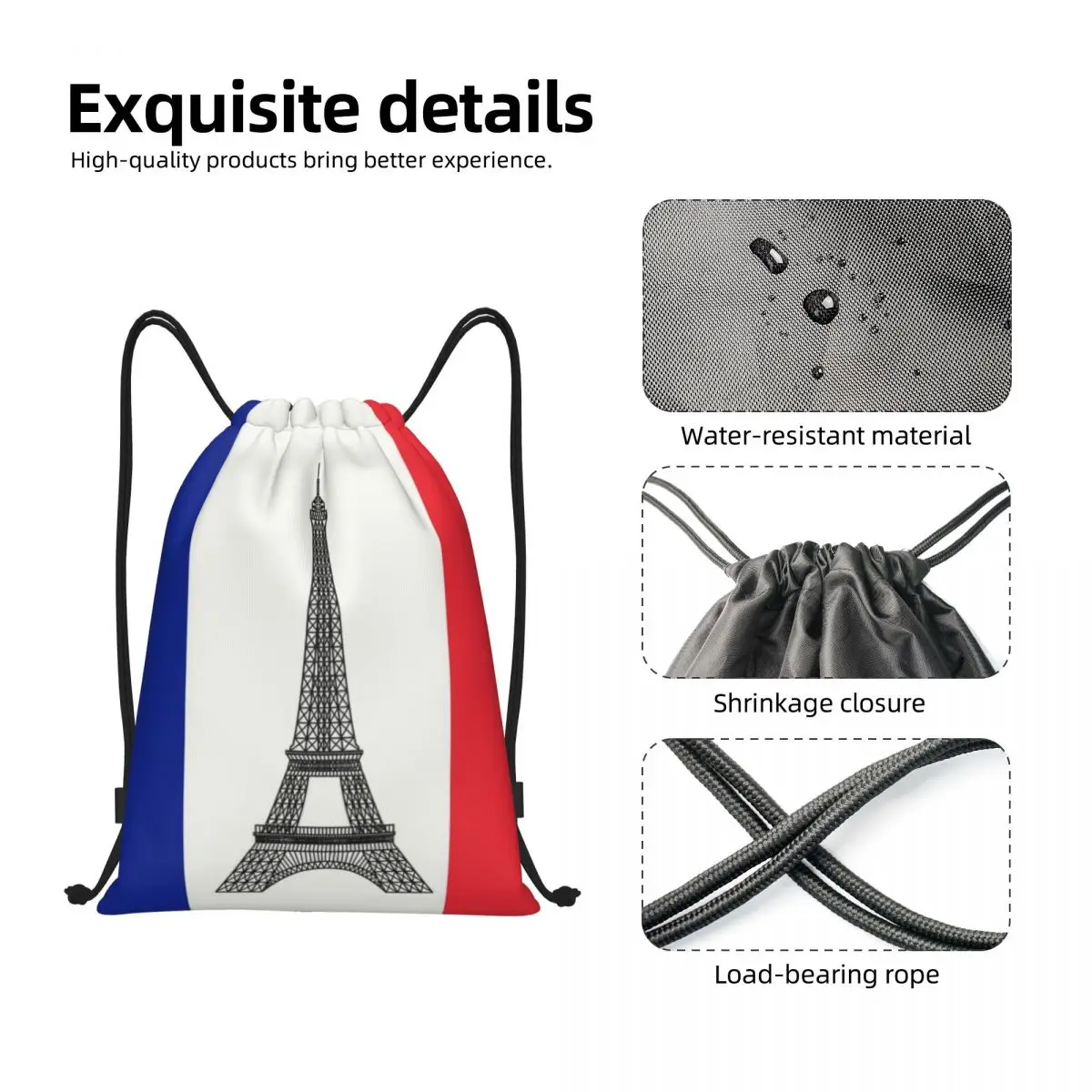 Mochila de cordão portátil para mulheres e homens, bandeira da França, Gym Sport Sackpack, francês La Tour Eiffel, bolsa de compras