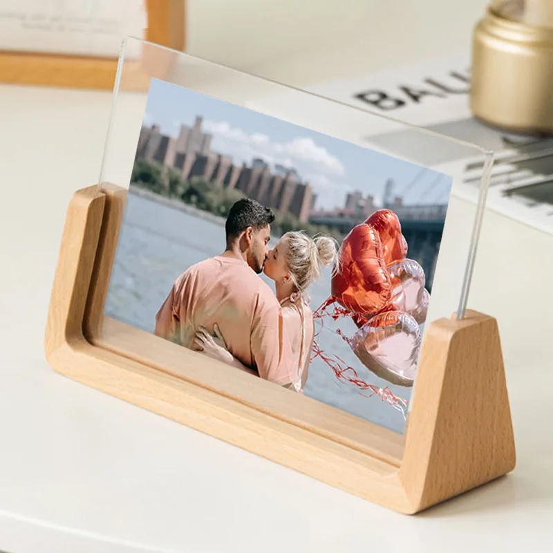 Walnut/Beech Creative Photo Frame Set Acrylic U Shape Transparent Frame 10X15 13X18 15X20 20X25cm Desktop Wood Pictures Frame