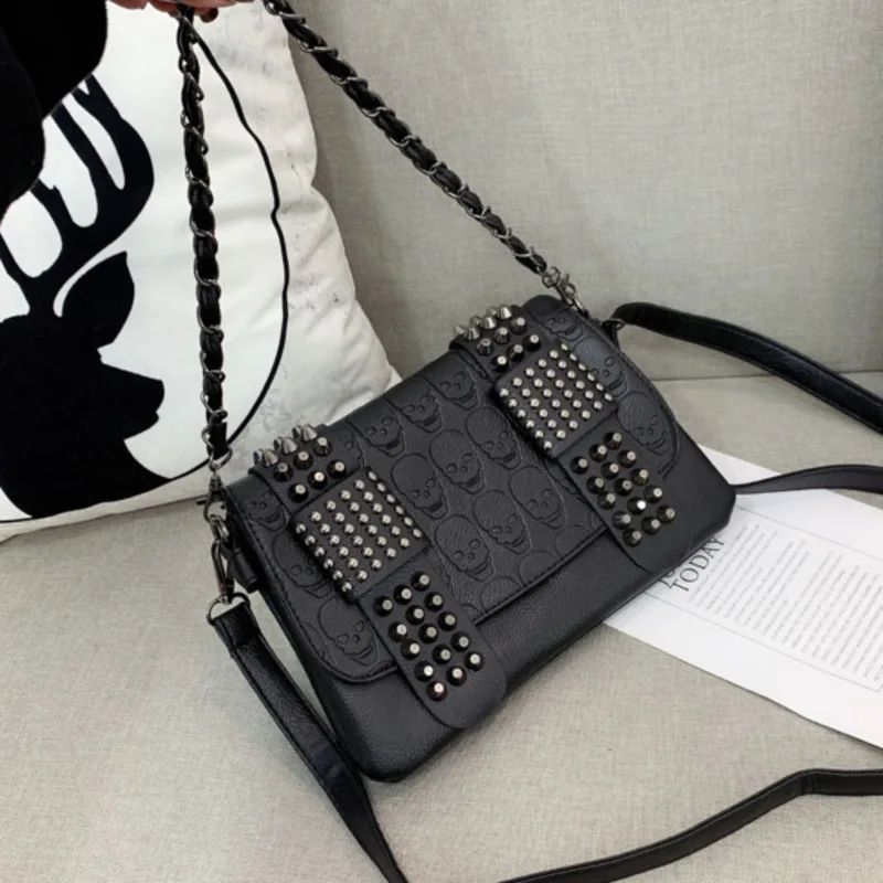 

Women Messenger Pu Leather Bag Shoulder Skull Head Print Women's Bags Chain Wrist Fashion Rivet Single Diagonal Handbag