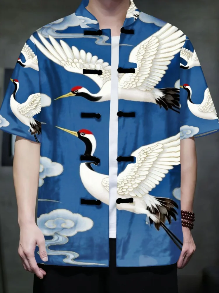 Men Mandarin Collar Short Sleeve Shirt New Chinese Style Frog Button Crane Printed Vintage Tops Tunics Oversized Blouse