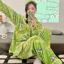 New Green Ugly Christmas Pajama Set Women Winter Long Pants Nighty Anime Kawaii Cartoon Warm Sleepwear Cute Home Suit Clothes