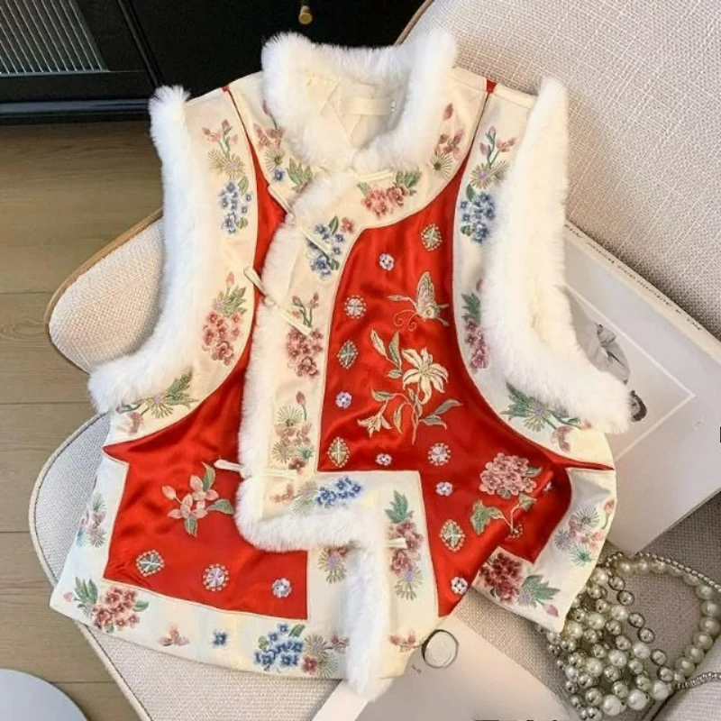 

Модный красивый теплый жилет в китайском стиле 2026, осень-зима, новый стиль, утолщенный верхний жилет с меховым краем и принтом в китайском стиле