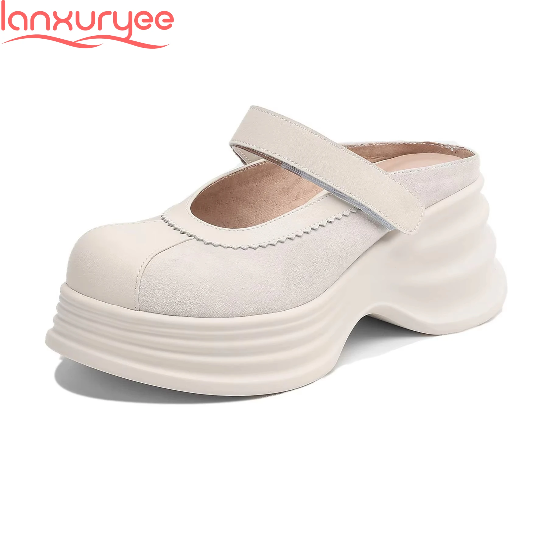 

Lanxuryee Cow Suede Round Toe Summer Shoes High Heels Slingback Sandals Casual Vacation Brand Platform Concise Dress Women Pumps