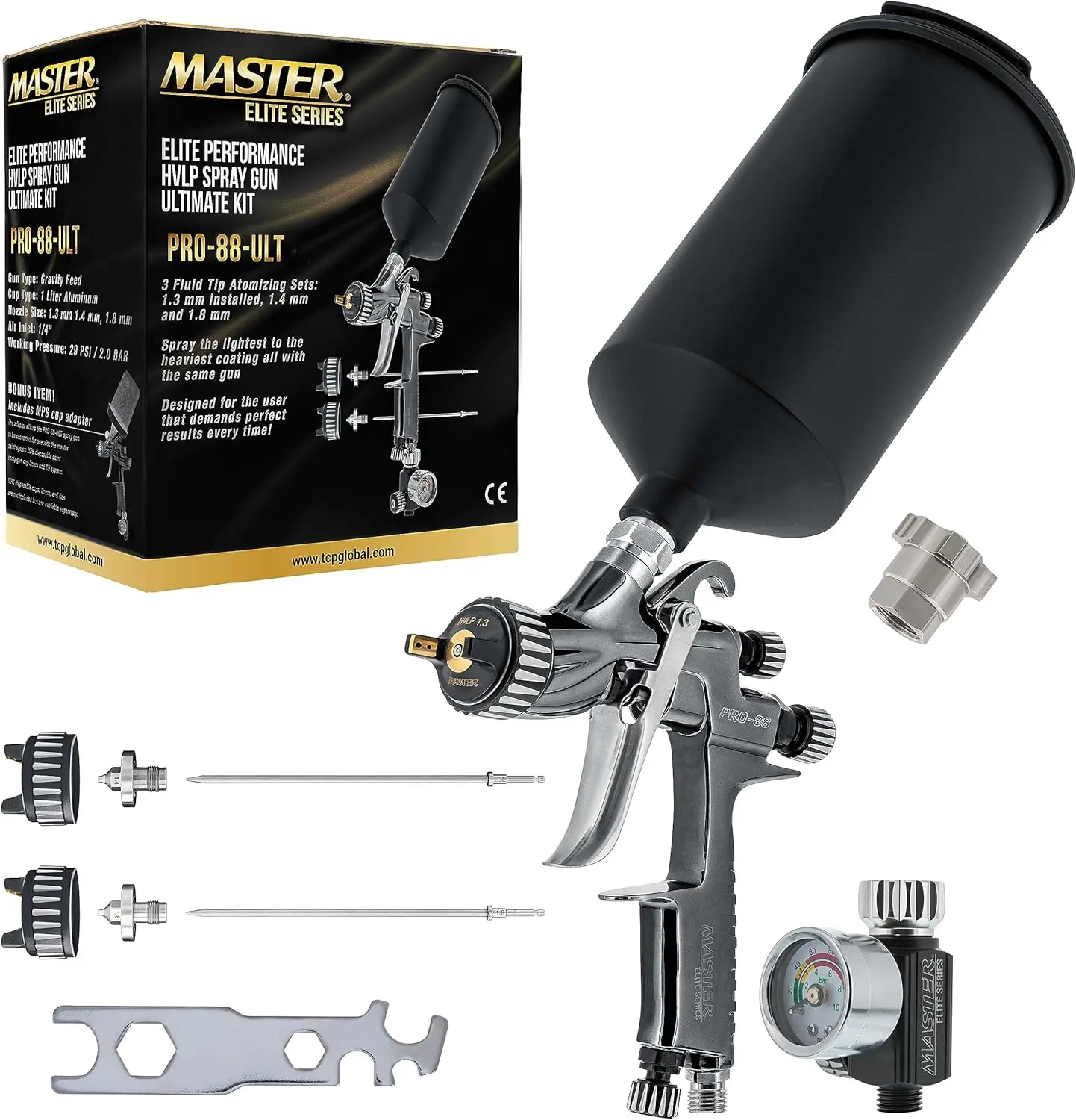 PRO-88 Series HVLP Spray Gun Ultimate Kit with 3 Fluid Tip Sets 1.3, 1.4 and 1.8mm and Air Pressure Reg