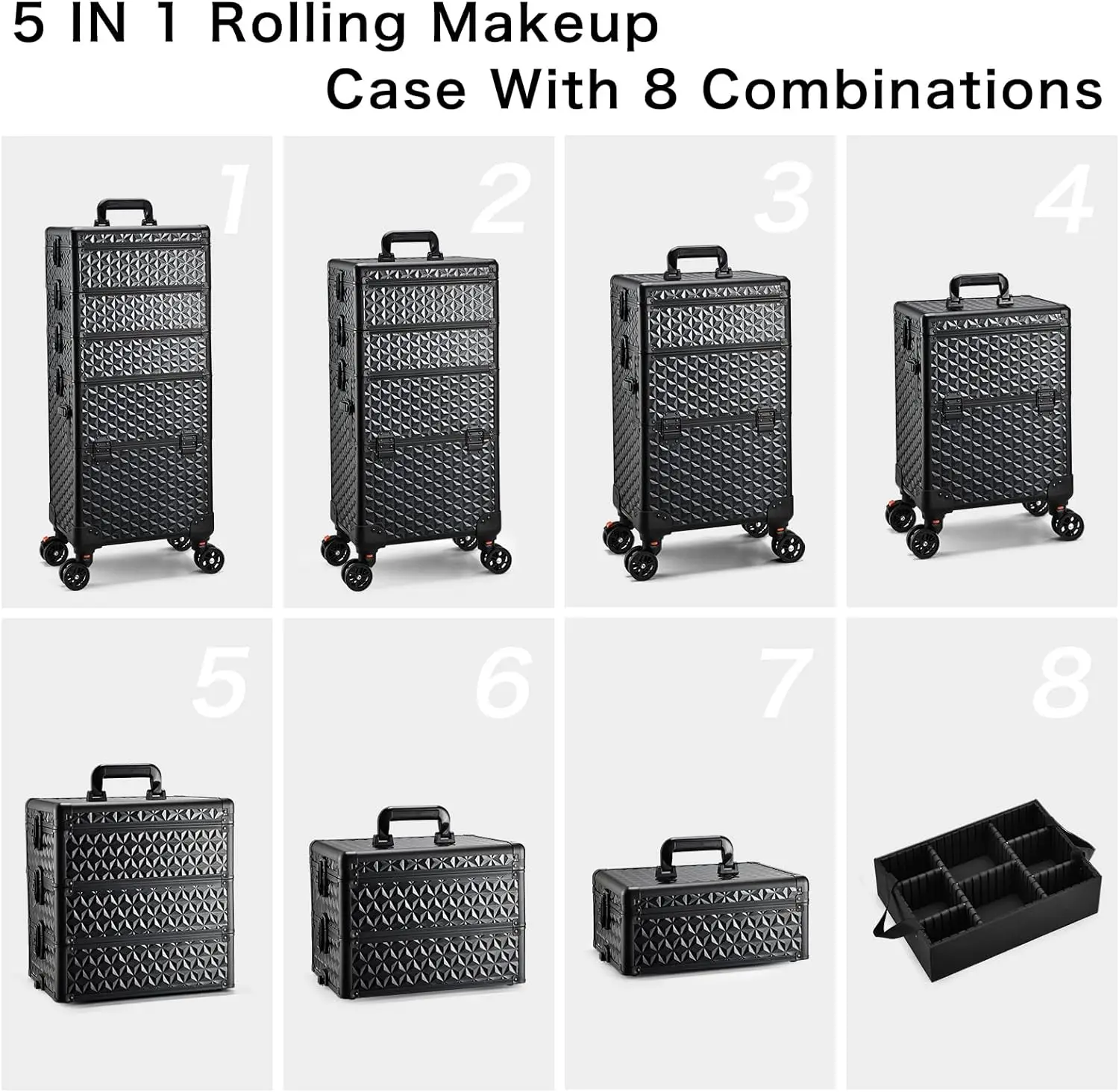 5 in 1 Makeup Train Case with Wheels Aluminum Rolling Trolley Case Cosmetic Organizer Professional Nail Case Travel Cart Trunk