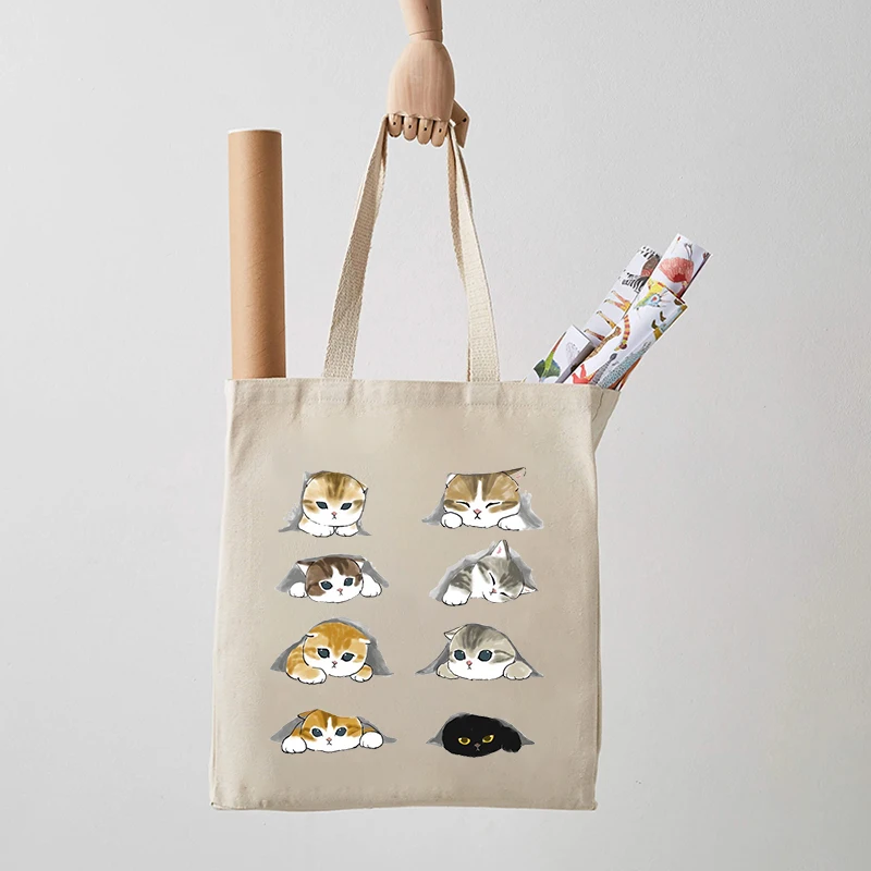 Sac fourre-tout à motif de dessin animé de chats mignons pour filles, sacs initiés en toile, sac à main de shopping réutilisable, pochette chimazole pliante, cadeau pour elle